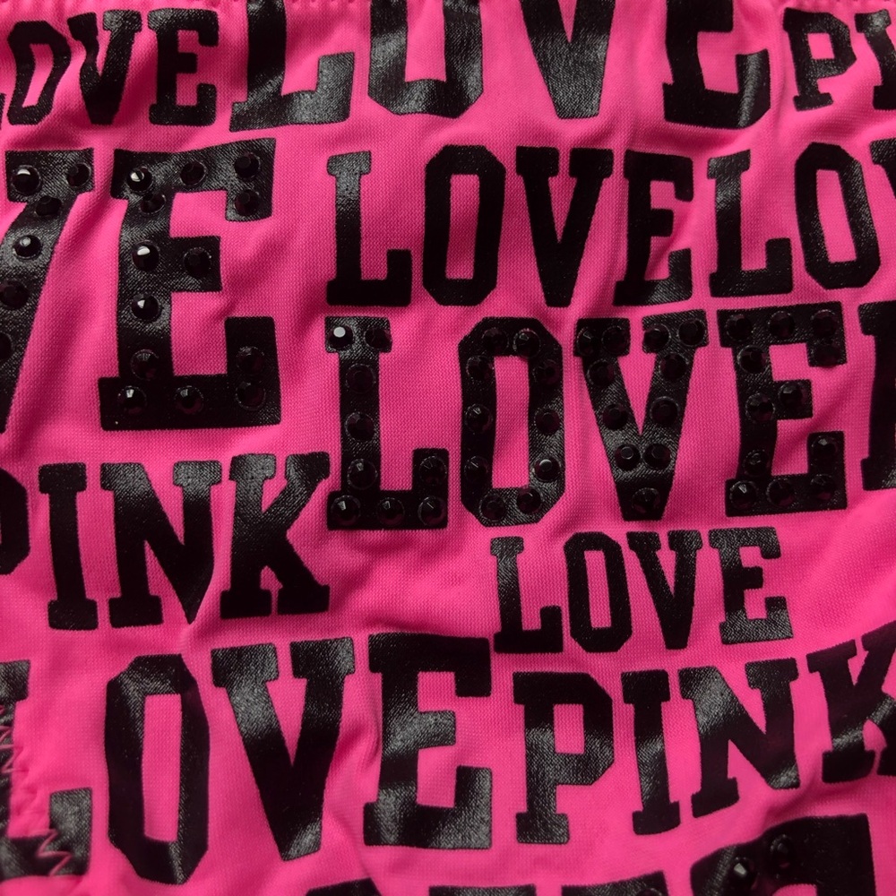 PINK Victoria’s Secret Love Pink Print Ruched Rhinestone Bikini Bottom - Picture 3 of 16